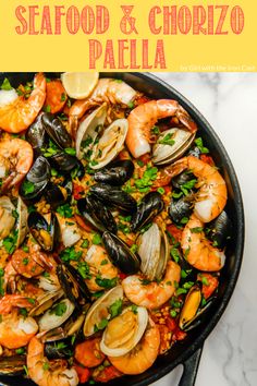 seafood and chorizo paella in a skillet