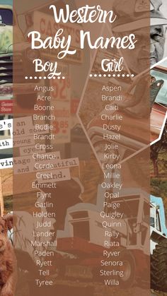 the western baby names girl are shown in this collage with old cars and trucks