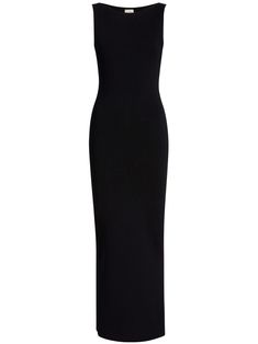 black fine ribbed boat neck sleeveless rear slit straight hem ankle-length Elegant Little Black Dress, Khaite Dress, Boat Neck Midi Dress, Minimal Dress, Chic Maxi Dresses, Classic Black Dress, Where To Buy Clothes, Boat Neck Dress, Elegant Feminine