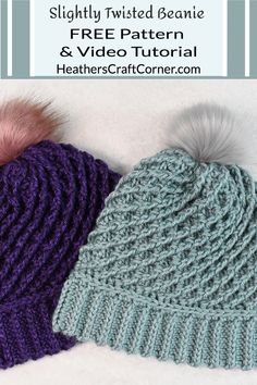 two knitted beanies with pom - poms on top and text overlay that says, slightly twisted beanie free pattern & video tutor