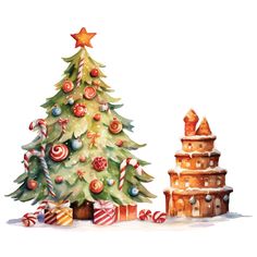 a watercolor christmas tree and presents in front of a gingerbread house with candy canes