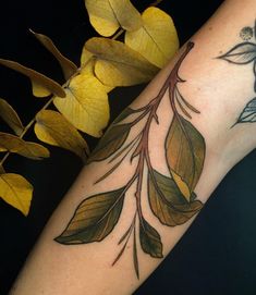 a close up of a person's leg with leaves on it