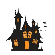 a black and orange halloween house with bats flying around the windows on a white background