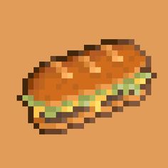 an image of a hamburger pixelated in brown and green colors on a tan background