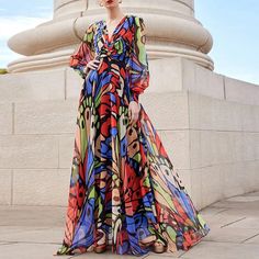 Olivia Mark - Vintage Print Collar Design Chiffon Maxi Dress Butterfly Print Dress, V Neck Design, Dress Flower, Chiffon Maxi, Chiffon Maxi Dress, Collar Designs, Dress Maxi, Summer Fashion Outfits, Lace White Dress