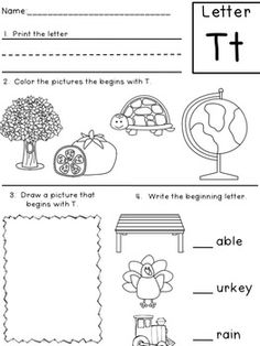 the letter t worksheet with pictures and words