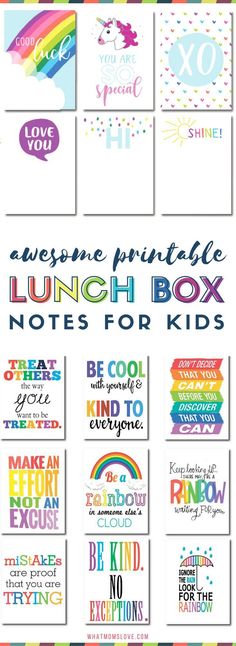 the printable lunch box notes for kids are available in several colors and sizes, including rainbow