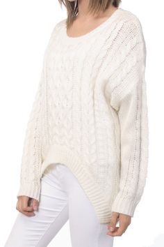 Toast the season with this comfy, soft and cozy cable knit sweater. Easy fit, hits below hip, crew neck and classic cable design makes it functional and beautiful. Hi-low design adds instant cool to any bottom Long sleeves with ribbed cuffs Imported Soft and fresh Cable Knit Sweater, White Cream, Cable Knit, Knit Sweater, Knitted Sweaters, Toast, Cable, Crew Neck, Knitting