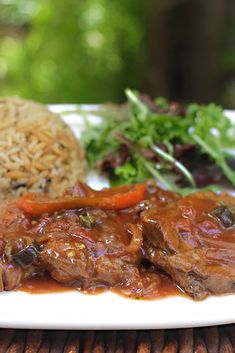 a white plate topped with meat and rice