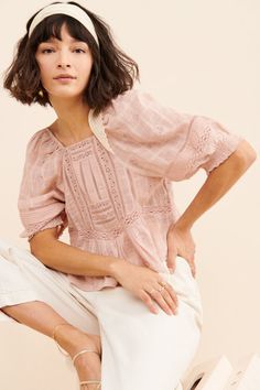 Nuuly | Tops Feminine Short Sleeve Peasant Top For Daywear, Pink Bohemian Top With Puff Sleeves, Pink Bohemian Puff Sleeve Tops, Pink Bohemian Tops With Puff Sleeves, Mid Size Outfits, Outfit Ideas Spring, Creative Clothes, Plus Size Summer Outfits, Babydoll Blouse