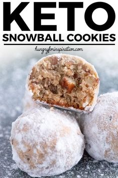 three snowball cookies stacked on top of each other with text overlay reading keto snowball cookies