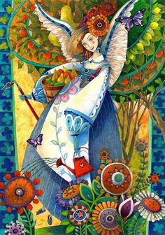 a painting of an angel with flowers and fruit in her hands, holding a watering can