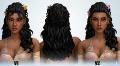 three different views of the same woman's head and body with long, curly hair