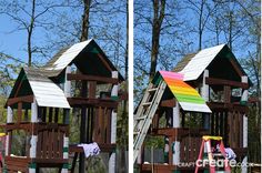 two pictures of a wooden play set in the woods, one with a rainbow flag on it