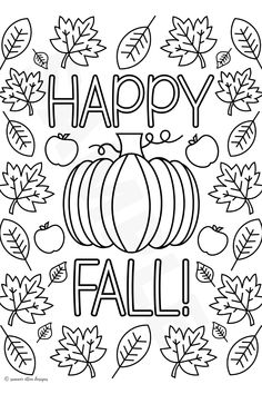 happy fall coloring page with leaves and acorns