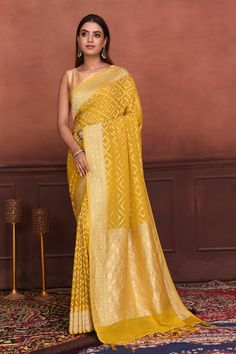 Shop mango yellow Katan silk Banarasi saree online in USA with zari work. Look your best on festive occasions in latest designer sarees, pure silk sarees, Kanchipuram silk sarees, handwoven sarees, tussar silk sarees, embroidered sarees from Pure Elegance Indian clothing store in USA.-full view Yellow Pre-draped Saree With Zari Work, Yellow Semi-stitched Pre-draped Saree, Semi-stitched Yellow Pre-draped Saree, Semi-stitched Yellow Saree With Cutdana, Yellow Anarkali Pre-draped Saree In Dola Silk, Yellow Dola Silk Pre-draped Saree With Dupatta, Yellow Anarkali Style Pre-draped Art Silk Saree, Yellow Traditional Wear With Zari Work, Yellow Blouse Piece For Eid