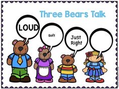 three bears talk to each other with speech bubbles above their heads that say loud and just right