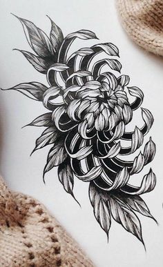 a black and white drawing of a flower on paper next to a pair of scissors