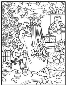 a coloring page with a girl and her christmas tree