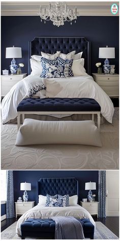 two pictures of a bedroom with blue and white decor