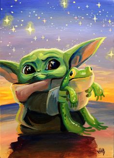 a painting of a baby yoda and an infant yoda holding something in their hands