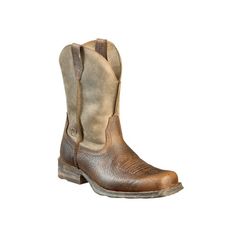 Enjoy a classic, rugged look from a pair of no frills Western boots with the Ariat Rambler Western Boots for Men. Built to last, the Rambler starts with strong, distressed leather uppers that give these unlined boots a great pre-worn look. ATS footbeds support and cushion feet for reduced fatigue, so you can work or play all day. Hardy Duratread rubber outsole feature a scoured surface and work-friendly 1.625" Country heel. Square toe. Pull loops. Average height per pair: 11". Imported.Manufactu Rugged Work Boots For Western-themed Events, Rustic Oiled Leather Boots For Outdoor, Distressed Brown Rustic Boots For Outdoor, Rugged Boots With Reinforced Toe, Rustic Leather Boots For Outdoor Work, Rustic Distressed Brown Boots For Outdoor, Distressed Brown Rugged Work Boots With Round Toe, Rugged Waxed Finish Work Boots For Outdoor, Distressed Brown Rugged Moc Toe Boots