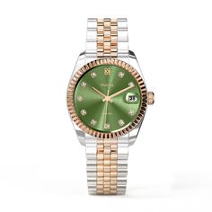 The classic design blends perfectly with the modern appeal of a stunning avocado green dial. Exquisite diamond-embellished watches add extra charm to every glance. This mechanical masterpiece beats with precision, injecting elegance into every moment. The harmonious combination of rose gold and silver completes the picture on this bracelet. Case: 36mm steel case with polished and satin finish. |?Waterproofness: 10ATM swimming is allowed, but only for shallow swimming (Do not operate the watch ha Elegant Green Watch As A Gift, Elegant Green Watch For Gift, Timeless Green Watch With Date Display, Timeless Green Watch, Luxury Green Jewelry With Round Dial, Elegant Green Diamond Watch For Formal Occasions, Formal Green Diamond Watch With Round Dial, Green Watch With Metal Dial As Gift, Formal Green Watches With Diamond Hour Markers