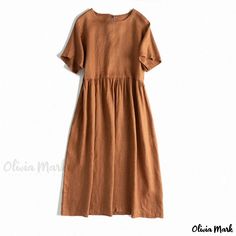 Olivia Mark - Chic and Minimalist Linen Cotton Dress with Artistic Round Neck, Belted Waist, and Flowy Hemline Classic Linen Dress, Linen Dress Summer, Minimalist Dress, Luoyang, Dress Sleeve Length, Elegant Party Dresses, Cotton Linen Dresses, Vintage Short, Elegant Dresses For Women