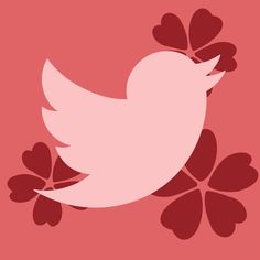 a pink bird with hearts on it's back flying through the air in front of a red background