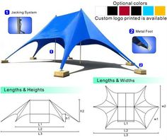 an image of a blue tent with measurements and instructions for the top, bottom and side walls