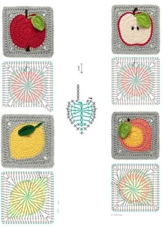 four crocheted squares with apples and oranges on them