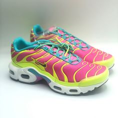 Nike Air Max Plus Volt Green Pink Blast Running Style# Cw5840-700 Size 5y (Youth)/ Womens Size 6.5 Shoes Are In Youth Size 5y But Converts To A Women’s Size 6.5. Shoes Are Brand New Without Box. Please Use Pictures As A Reference When Purchasing. Shoes You Will Be Receiving Are The Ones Pictured. If Any Questions Arise Feel Free To Send A Message. Thanks For Looking! Pink High-top Sneakers For Training, Pink Custom Sneakers For Spring Streetwear, Sporty Custom Pink Sneakers For Spring, Casual Breathable Pink Custom Sneakers, Casual Pink Breathable Custom Sneakers, Pink Running Shoes With Boost Midsole, Pink Running Shoes With Boost Midsole For Light Sports, Pink Custom Sneakers For Spring Sports, Pink Running Shoes With Air Cushioning For Light Sports