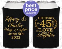 two black can coolers with gold lettering and the words happy 10th anniversary on them