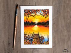 a painting of a sunset over a lake with steps leading to the water and leaves on the ground