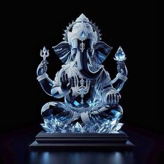 an elephant statue sitting on top of a glass block in front of a black background