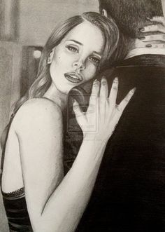 a pencil drawing of a woman hugging a man's neck in front of him