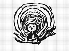 a drawing of a person sitting in front of a wave