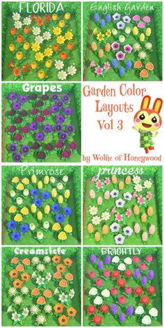 the garden color layouts vol 3 is shown in four different colors, including flowers and grass