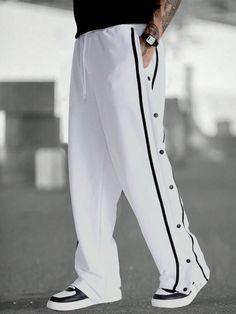 Men's Casual Sweatpants With Contrast Tape And Button On Side Going Out Casual Drawstring Straight Leg Color Block Sweatpants, For Husband, Boyfriend Gifts White    Fabric Striped Straight Leg Slight Stretch  Men Clothing, size features are:Bust: ,Length: ,Sleeve Length: Casual Sweatpants, Cool Outfits For Men, Mens Pants Fashion, Fashion Joggers, Casual Black, Type Of Pants, Fashion Mode, Men's Sweatpants, Pants Trousers