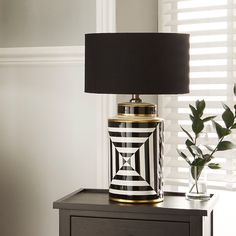 Bold Ceramic Table Lamp – Black & White Geometric Design - Decor interiors Monochrome Lamp Shade, Black White Accent Lamp, Black Lampshade White Lamp, Black And White Living Room Table Lamps, White Table Black Lamp, Striped Lamp, Tables Consoles, Monochromatic Decor, Gold Living Room