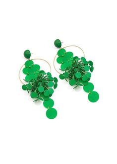 Be bold and make a statement with our Green Hoop Disc Drop Earrings! These striking earrings feature a big hoop design with a disc drop, adding a unique touch to any outfit. Perfect for confident women who want to add a daring touch to their style. 5 6/8" (14.5cm) drop 2 3/8" (6cm) width Post back Alloy, plastic Women's drop earrings Item #452802 Green Hoop Earrings For Party, Modern Circular Earrings For Party, Trendy Green Dangle Hoop Earrings, Green Hoop Jewelry For Party, Trendy Circle Earrings For Spring, Bold Dangle Jewelry For Party, Party Single Circle Earring, Party Circle Single Earring, Confident Women