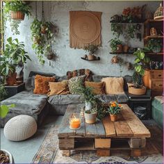 a living room filled with furniture and lots of plants on top of the couches