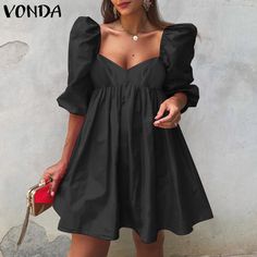 Vonda Summer Bohemian Mini Dress Women Sexy Puff Sleeve Vestido V Neck Pleated Zipper Party Robe Beach Sundress Oversized Summer Mini Dress With Lantern Sleeves For Day Out, Summer Lantern Sleeve Mini Dress For Day Out, Trendy Puff Sleeve Dress For Spring Party, Lantern Sleeve Mini Dress For Summer Vacation, Summer Beach Mini Dress With Lantern Sleeves, Summer Mini Dress With Lantern Sleeves For Vacation, Summer Lantern Sleeve Mini Dress For Vacation, Summer Vacation Mini Dress With Lantern Sleeves, Summer Party Dress With Puff Sleeves And Square Neck