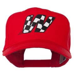 Checkered Flag Alphabet Embroidered Red High Profile Cap Red Baseball Cap With Curved Visor, Red Cotton Flat Bill Fitted Hat, Red Cotton Trucker Hat With Embroidered Logo, Red Embroidered Logo Baseball Cap, One Size, Red Cotton Baseball Cap For Sports, Red Cotton Snapback Hat With Embroidered Logo, Red Embroidered Logo Baseball Cap, Red Cotton Snapback Hat, One Size, Red Cotton Snapback Hat