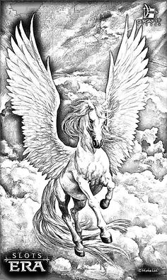 a drawing of a horse with wings flying through the air in front of some clouds