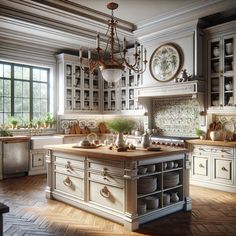 Notice the subtlety of a cast-iron chandelier hanging above, pouring soft light onto the polished granite countertops. An antique brass tap adds another layer of vintage charm complementing the stainless steel appliances. An array of beautifully patterned ceramic tiles makeup the backsplash. Finally, the room is decorated with fresh green herbs on the windowsill above the sink, emphasizing homeliness and tranquility. Old Money Home Decor, Old Money Home, Timeless Kitchen Design, Traditional Kitchens, Timeless Kitchen, Classic Interiors, Traditional Kitchen, Classic Interior, Classic House