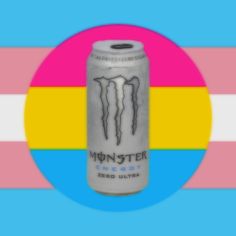 a can of monster energy drink in front of a rainbow and blue background with the word monster on it