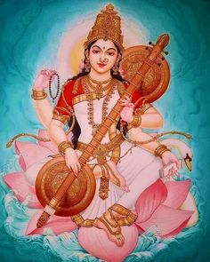 a painting of a woman sitting on top of a lotus with musical instruments in her hands