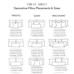 the measurements and sizes of pillows for bedding in different sizes, shapes and colors