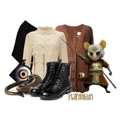 an image of a woman's outfit with mouse on the front and other items